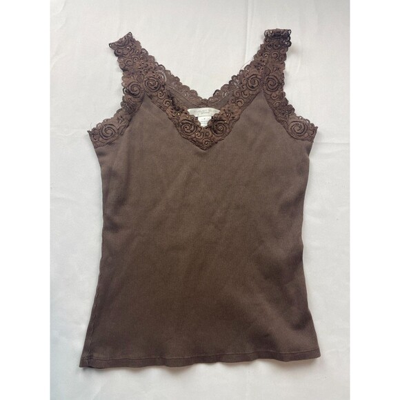 August Silk Tank Top Size Medium Brown V-Neck Lace Trim Ribbed Y2K 90s Casual - Picture 1 of 5